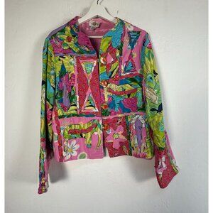 Vintage 90s Sandy Starkman Womens Patchwork Art Blazer Jacket Medium Mix Media